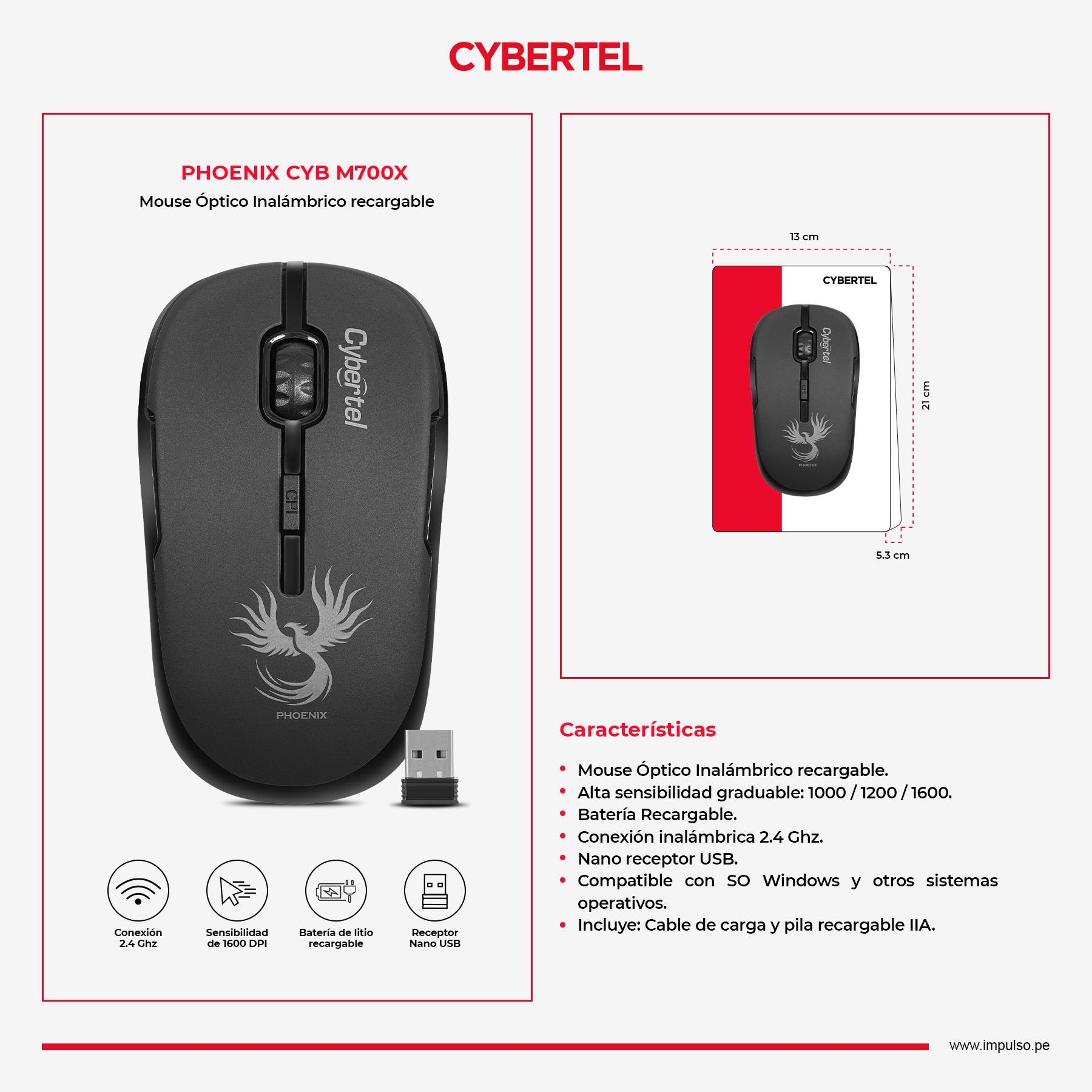 Mouse Inalámbrico PHOENIX M700X  Recargable imagen 3