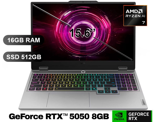 Laptop Lenovo GAMING LOQ 15APH10  RYZEN 7 - 250 3,3/5,1 GHz ,16GB DDR5, SSD 1TB NVMe, T.Video RTX 5050 8 GB, LED 15.6"  FHD (1920x1080), Wcam 720P, Teclado en español, SO.Free