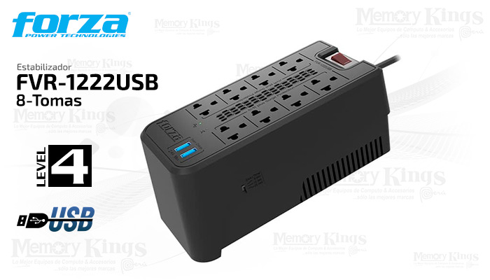 Estabilizador Forza 1200VA (600w) FVR-1222USB 2-USB 8 tomas 220v